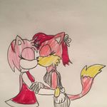  amy_rose canine clothing female female/female fiona_fox fox fur hair hedgehog kissing mammal pink_fur pink_hair red_fur red_hair sonic_(series) standing traditional_media_(artwork) 