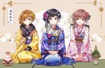  adagaki_aki bangs black_eyes black_gloves black_hair blue_kimono blunt_bangs blush braid brown_eyes brown_hair closed_mouth eyebrows_visible_through_hair floral_print fujinomiya_neko fur_trim furisode gloves hair_between_eyes hair_ornament highres japanese_clothes kadomatsu kagami_mochi kimono koiwai_yoshino light_brown_hair long_sleeves looking_at_viewer masamune-kun_no_revenge mole mole_under_eye multiple_girls new_year obi open_mouth pink_kimono sash sitting smile tatami tiv wide_sleeves yellow_kimono 