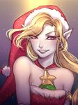  1girl ambitious_elf_jinx blonde_hair bow choker christmas grin jinx_(league_of_legends) league_of_legends lips long_hair pointy_ears ribbon santa_hat 