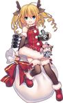  ahoge animal_ears antlers azur_lane black_legwear blonde_hair blue_eyes camera character_doll christmas dress drill_hair fake_animal_ears full_body gridley_(azur_lane) jiang-ge official_art pom_pom_(clothes) red_dress reindeer_ears ringlets santa_costume saratoga_(azur_lane) short_hair solo tachi-e thighhighs transparent_background twin_drills 