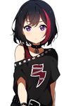  &gt;:( bang_dream! bangs belt black_hair black_shirt choker collar eyebrows_visible_through_hair highres icehotmilktea lightning_bolt looking_at_viewer mitake_ran multicolored_hair off-shoulder_shirt padlocked_collar purple_eyes shirt short_hair short_sleeves simple_background solo studded_belt studded_bracelet studded_collar t-shirt two-tone_hair upper_body v-shaped_eyebrows white_background 