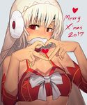  2017 altera_(fate) altera_the_santa bare_shoulders blue_background blush bra choker detached_sleeves earmuffs fake_facial_hair fake_mustache fate/grand_order fate_(series) hands_up heart heart_hands highres i-pan looking_at_viewer merry_christmas red_bra red_eyes short_hair silver_hair simple_background solo underwear upper_body veil 