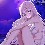  1girl abcd1234_02 absurdres angel_wings bare_arms bare_legs bare_shoulders bikini blue_archive blush breasts closed_mouth commentary feathered_wings frilled_bikini frilled_bikini_bottom frilled_bikini_top frills highres long_hair looking_at_viewer low_wings medium_breasts mika_(blue_archive) mika_(swimsuit)_(blue_archive) navel official_alternate_costume official_alternate_hairstyle pink_hair sitting smile solo stomach swimsuit very_long_hair white_wings wings yellow_eyes 
