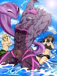  bathym beach canine clothed clothing demon female human male mammal muscular muscular_male one_eye_closed photographing pose sea seaside skimpy swimsuit tokyo_afterschool_summoners unknown_artist visor_cap water wetsuit wink wolf 