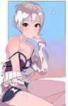  absurdres black_eyes cellomaiko commentary_request earrings gradient gradient_background grey_hair highres idolmaster idolmaster_cinderella_girls jewelry looking_at_viewer necklace shiomi_shuuko short_hair smile solo star strap_slip 