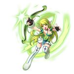  :o absurdres artist_request boots bow_(weapon) breasts cleavage elsword fighting_stance fingerless_gloves full_body gloves green_eyes green_hair highres holding holding_bow_(weapon) holding_weapon large_breasts long_hair looking_to_the_side multicolored_shirt official_art open_mouth pointy_ears ranger_(elsword) rena_(elsword) skirt solo thigh_boots thighhighs transparent_background weapon white_footwear white_skirt zettai_ryouiki 