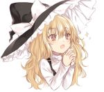  1girl bangs black_hat black_vest blonde_hair blush bow brown_hair commentary_request cropped_torso eyebrows_visible_through_hair hair_between_eyes hands_up hat hat_bow highres interlocked_fingers kirisame_marisa kizitora_hato long_hair long_sleeves open_mouth own_hands_together shirt simple_background solo sparkle touhou turtleneck upper_body vest white_background white_bow white_shirt witch_hat 