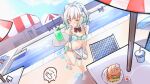  1girl :t absurdres adapted_costume ahoge apron apron_tug aqua_hair bare_legs barefoot beach_umbrella bikini blue_eyes blush breasts burger commentary commission cup day disposable_cup drinking_glass dutch_angle english_commentary food frilled_apron frills gradient_hair hair_ornament highres indie_virtual_youtuber kghazir lens_flare maid maid_bikini maid_headdress medium_hair mint_fantome multicolored_hair nail_polish navel outdoors pointy_ears pool pout small_breasts solo stomach swimsuit thigh_strap toenail_polish toenails tray umbrella unconventional_maid virtual_youtuber waist_apron water white_apron white_hair x_hair_ornament 
