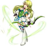 :d absurdres armlet arrow black_gloves boots bow_(weapon) breasts cleavage elsword full_body gloves green_eyes green_hair head_tilt highres holding holding_bow_(weapon) holding_weapon long_hair looking_at_viewer medium_breasts multicolored_shirt official_art open_mouth pointy_ears ranger_(elsword) rena_(elsword) ress skirt smile solo standing thigh_boots thighhighs transparent_background weapon white_footwear white_skirt zettai_ryouiki 