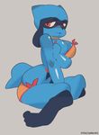  2017 anthro anthrofied big_breasts bikini breasts clothed clothing digital_media_(artwork) embarrassed female looking_at_viewer mammal nintendo pok&eacute;mon pok&eacute;mon_(species) pok&eacute;morph riolu short_stack simple_background stealthnachos swimsuit video_games 