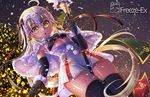  ahoge bell between_legs bikini_top black_gloves black_legwear black_ribbon blonde_hair capelet christmas_tree commentary dress elbow_gloves fate/grand_order fate_(series) flat_chest freeze-ex from_below gloves hair_ribbon headpiece jeanne_d'arc_(fate)_(all) jeanne_d'arc_alter_santa_lily long_hair night outdoors ribbon short_dress snow snowing solo staff thighhighs very_long_hair yellow_eyes 