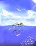  1girl bird black_hair blue_sky boat cloud day fins fish flock idon lens_flare lying mermaid monster_girl ocean on_back original outdoors partially_underwater_shot scenery school_of_fish seascape shark_girl sky submerged sun sunlight swimming underwater water watercraft 