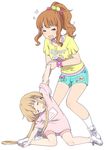  &gt;_&lt; :3 ahoge aqua_bow aqua_shorts arm_grab bangs bike_shorts blonde_hair blunt_bangs bow closed_eyes collarbone dot_nose eyelashes fingernails flying_sweatdrops futaba_anzu hair_ornament hair_scrunchie hair_tie happy heart height_difference high_ponytail horizontal_stripes idolmaster idolmaster_cinderella_girls jpeg_artifacts light_brown_hair long_hair low_twintails mattaku_mousuke moroboshi_kirari multiple_girls open_mouth pink_bow pink_scrunchie pink_shirt pink_wristband pom_pom_(clothes) pond scrunchie shirt shoelaces shoes short_shorts short_sleeves shorts sidelocks simple_background sitting smile sneakers socks star striped striped_bike_shorts striped_bow striped_shorts sweat t-shirt tired twintails very_long_hair wariza wavy_hair white_background white_footwear white_legwear wristband x3 yellow_shirt 