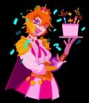  20years animal_ears birthday birthday_cake black_background cake cape confetti crown food happy highres horse_ears horse_girl mini_crown multicolored_hair no_lineart orange_hair t.m._opera_o_(umamusume) umamusume 