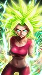  absurdres aura bracer commentary dragon_ball dragon_ball_super earrings glowing glowing_eyes glowing_hair highres jewelry kefla_(dragon_ball) looking_at_viewer midriff navel potara_earrings smile solo stomach super_saiyan tete_(amakuchichiyoko) 