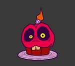 3d_(artwork) ambiguous_gender animatronic black_sclera buckteeth candle cryptiacurves cupcake cupcake_(fnaf) digital_media_(artwork) fire five_nights_at_freddy&#039;s food food_creature grey_background living_cupcake looking_at_viewer machine pink_body plate robot scottgames simple_background solo teeth yellow_eyes