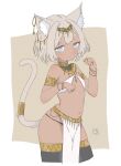  1girl :< ancient_egyptian ancient_egyptian_clothes animal_ear_fluff animal_ears armlet bare_shoulders black_thighhighs blue_eyes bracelet bright_pupils cat_ears cat_tail chuttttty_ill closed_mouth commentary_request cowboy_shot cropped_legs dark-skinned_female dark_skin expressionless grey_hair hands_up highres if_you_want_to_become_a_godly_artist_(trend) jewelry jitome loincloth looking_at_viewer multiple_rings navel original paw_pose ring short_hair simple_background solo tail tail_ornament tail_raised tail_ring thick_eyebrows thighhighs usekh_collar white_loincloth white_pupils 