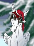 2017 animated blep brown_hair bust_portrait christmas cute equine fan_character feathered_wings feathers female feral front_view fur green_eyes hair hat holidays looking_at_viewer mammal pegasus portrait santa_hat simple_background snow solo sunny_way sunny_way_(mlp) tongue tongue_out tree white_fur wings 