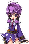  :d aisha_(elsword) belt black_gloves cowboy_shot dress elsword fingerless_gloves gloves hair_tubes looking_at_viewer magician_(elsword) necktie official_art open_mouth purple_dress purple_eyes purple_hair red_neckwear ress short_hair smile solo transparent_background 