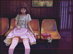  1girl artist_request brown_hair dress flat_chest legs long_hair looking_at_viewer public purse sitting solo teenage thighhighs 