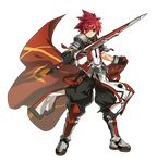  armor black_gloves black_pants boots cape cape_removed closed_mouth elsword elsword_(character) full_body gloves hair_between_eyes highres holding holding_sword holding_weapon knee_boots looking_at_viewer lord_knight_(elsword) male_focus metal_boots official_art pants pauldrons red_cape red_eyes red_hair ress serious solo spiked_hair standing surcoat sword transparent_background weapon 