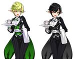  ;d alternate_costume alternate_hair_color alternate_hair_length alternate_hairstyle april_fools black_hair black_pants breasts butler cowboy_shot cup dual_persona elsword female_butler formal gloves green_eyes green_hair looking_at_viewer multiple_girls official_art one_eye_closed open_mouth pants pointy_ears rena_(elsword) ress short_hair smile striped suit teacup thigh_gap towel transparent_background tray vertical_stripes white_gloves 