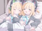  2girls :d animal_ear_headphones animal_ears apron blonde_hair blue_archive blue_bow blush bow commentary_request dress fake_animal_ears frilled_apron frilled_dress frills green_ribbon grey_dress hair_ribbon headphones highres indoors long_sleeves lying maid maid_apron maid_headdress midori_(blue_archive) midori_(maid)_(blue_archive) momoi_(blue_archive) momoi_(maid)_(blue_archive) multiple_girls norippe_(user_zgsf8872) on_back on_bed pantyhose pillow pink_ribbon puffy_long_sleeves puffy_sleeves ribbon siblings sidelocks sisters smile twins twintails white_apron white_pantyhose 