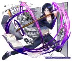  1boy belt bent black_footwear black_pants blue_eyes blue_hair book brass_knuckles cinder_block company_name cracked desk fighting_stance full_body glasses holding holding_weapon kendo_sword lock long_sleeves looking_at_viewer male_focus motion_blur official_art open_book pants school_desk shirt shoumetsu_toshi_2 tenryou_sena weapon white_background white_shirt window 
