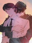  2boys black_coat black_hair black_necktie black_vest blank_stare closed_eyes coat collared_shirt exhausted eyesoffyou0003 hair_between_eyes head_on_head head_rest hug hug_from_behind kim_dokja multiple_boys necktie omniscient_reader&#039;s_viewpoint shirt short_hair upper_body vest white_coat white_shirt yaoi yoo_joonghyuk 