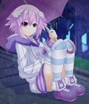  choker choujigen_game_neptune commentary_request d-pad d-pad_hair_ornament full_body hair_ornament highres hood hooded_track_jacket hoodie jacket looking_at_viewer neptune_(choujigen_game_neptune) neptune_(series) outdoors purple_eyes purple_hair santystuff shoes sitting smile solo track_jacket umbrella 