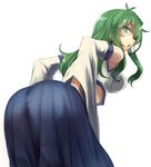  aqua_eyes ass bent_over blue_skirt breasts detached_sleeves green_hair hair_tubes kochiya_sanae leaning_forward long_hair long_skirt looking_at_viewer medium_breasts profile simple_background skirt smile solo touhou utopia vest white_background 