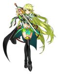  black_footwear boots buckle closed_mouth crossed_legs elsword expressionless fighting_stance full_body green_eyes green_hair green_skirt highres holding holding_sword holding_weapon long_hair looking_at_viewer miniskirt navel night_watcher_(elsword) no_nose official_art pointy_ears rena_(elsword) ress skirt solo standing sword thigh_boots thighhighs transparent_background weapon zettai_ryouiki 