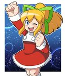  ;d adapted_costume arm_up bangs blonde_hair blue_background blue_eyes blush christmas clenched_hands commentary_request dress eyebrows_visible_through_hair flat_chest green_ribbon hair_ribbon long_hair long_sleeves looking_at_viewer one_eye_closed open_mouth ponytail red_dress ribbon rockman rockman_8 roll santa_costume sidelocks smile solo standing teeth turtleneck turtleneck_dress yume_yoroi 