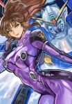  1girl bent_over bodysuit brown_eyes brown_hair closed_mouth commentary_request dated gundam gundam_wing highres lady_une long_hair looking_at_viewer mecha mecha_pilot_suit mobile_suit normal_suit_(gundam) okrdisk2000 purple_bodysuit robot science_fiction solo v-fin wing_gundam 
