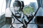  2girls apron black_dress black_hair blonde_hair blunt_bangs car closed_eyes collar cowboy_shot dot_nose double-parted_bangs dress expressionless frilled_apron frills grey_eyes hair_between_eyes hair_intakes highres iwonu leaning_on_person looking_to_the_side maid maid_headdress motor_vehicle multiple_girls original puffy_short_sleeves puffy_sleeves seatbelt short_sleeves sidelighting sidelocks signature sitting sleeping sleeping_on_person twintails white_apron white_collar 