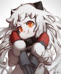  :i blurry blurry_background child closed_mouth commentary_request depth_of_field dress grey_background kantai_collection long_hair looking_at_viewer mittens northern_ocean_hime orange_eyes pout shinkaisei-kan signature solo standing torpedo upper_body very_long_hair waterkuma white_dress white_hair 