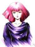  1980s_(style) 1girl 2000 commentary_request dated gundam haman_karn kitazume_hiroyuki_(style) looking_at_viewer neo_zeon portrait purple_hair red_lips retro_artstyle science_fiction signature white_background yumemi_ai zeta_gundam 