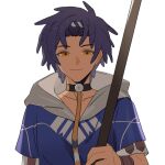  1boy blue_hair blue_hoodie cai_(fire_emblem) dark-skinned_male dark_skin dr_metagross fire_emblem fire_emblem:_fortune's_weave highres holding holding_polearm holding_weapon hood hood_down hoodie looking_at_viewer male_focus polearm two-tone_hoodie weapon white_hoodie yellow_eyes 