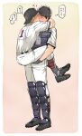  2boys abe_takaya absurdres backwards_hat baseball_cap baseball_uniform black_gloves black_hair black_shoes black_socks blonde_hair blush carrying carrying_person catcher_(baseball) cleats closed_eyes commentary_request gloves hat heart highres itsmefool kiss leg_lock male_focus mihashi_ren multiple_boys ookiku_furikabutte pants shirt shirt_tucked_in shoes short_sleeves socks speech_bubble sportswear standing translation_request white_pants white_shirt yaoi 