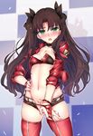  absurdres areola_slip areolae ass_visible_through_thighs belt blush breasts brown_hair cleavage cowboy_shot fate/stay_night fate_(series) green_eyes hair_ribbon hand_on_hip highres legs_apart long_hair looking_at_viewer navel niko_(tama) open_mouth pubic_tattoo pussy_peek race_queen red_legwear revision ribbon shorts small_breasts solo standing step_and_repeat stomach tattoo toosaka_rin two_side_up 