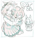  2girls absurdres ahoge animal_ears blush bow bowtie character_doll cropped_legs crown deformed doll highres holding holding_doll horse_ears horse_girl horse_tail limited_palette meisho_doto_(umamusume) mini_crown multiple_girls narita_top_road_(umamusume) nosir_onadat open_mouth sailor_collar sailor_shirt school_uniform shirt short_hair skirt t.m._opera_o_(umamusume) tail tracen_school_uniform umamusume umamusume:_road_to_the_top 