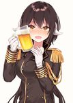  alcohol azur_lane bangs beer beer_mug black_hair blush breasts buttons commentary_request cup drunk epaulettes eyebrows_visible_through_hair foam_mustache gloves hair_between_eyes holding holding_cup horns long_hair long_sleeves looking_at_viewer manio medium_breasts mikasa_(azur_lane) military military_uniform open_mouth simple_background solo uniform upper_body white_background white_gloves 