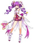  ;d absurdres aisha_(elsword) back_bow bare_legs bow crescent crescent_hair_ornament dimension_witch_(elsword) elsword full_body gloves hair_ornament hairclip highres holding holding_staff long_hair miniskirt official_art one_eye_closed open_mouth purple_bow purple_eyes purple_hair purple_skirt ress ringlets shoes skirt smile solo staff standing transparent_background twintails v white_footwear white_gloves 