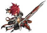 absurdres armor black_gloves black_pants boots closed_mouth cropped_legs elsword elsword_(character) fighting_stance gloves hair_between_eyes highres holding holding_sword holding_weapon knee_boots left-handed lord_knight_(elsword) male_focus metal_boots official_art pants pauldrons red_eyes red_hair ress serious solo spiked_hair surcoat sword transparent_background weapon 