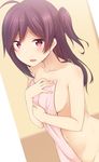  bangs blush breasts collarbone commentary_request covering covering_breasts dutch_angle eyebrows_visible_through_hair fingernails hagikaze_(kantai_collection) hair_between_eyes kantai_collection large_breasts long_hair looking_at_viewer nagami_yuu navel nude_cover one_side_up parted_lips purple_eyes purple_hair sidelocks smile solo tower very_long_hair 