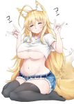  1girl \m/ ahoge animal_ear_fluff animal_ears areola_slip areolae bangs black_legwear blonde_hair blush breasts closed_eyes denim denim_shorts fox_ears fox_girl fox_tail hands_up highres kntrs_(knyrs) large_breasts long_hair looking_at_viewer original shirt shirt_lift shorts simple_background sitting smile solo tail thighhighs underboob wariza white_background white_shirt 