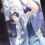  2boys :d angel angel_wings bab_du_666 black_coat black_eyes black_gloves black_hair black_shirt black_vest black_wings coat collared_shirt color_contrast curtained_hair day demon demon_horns doorway feathered_wings feet_out_of_frame gloves halo halo_behind_head highres horns kim_dokja light_particles looking_at_viewer male_focus multiple_boys necktie offering_hand official_alternate_costume omniscient_reader&#039;s_viewpoint open_clothes open_coat open_door open_mouth outstretched_arms popped_collar pov pov_doorway shirt short_hair smile sunlight vest white_coat white_necktie white_shirt white_vest white_wings wings yoo_joonghyuk 
