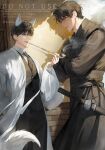  2boys absurdres alternate_costume animal_ears bab_du_666 black_eyes black_hair black_hanbok black_vest brick_wall clenched_teeth coat collared_shirt crossed_arms fox_ears fox_tail hanbok highres holding holding_smoking_pipe kemonomimi_mode kim_dokja korean_clothes looking_at_another multiple_boys omniscient_reader&#039;s_viewpoint open_clothes open_coat scabbard shadow sheath shirt short_hair smoking_pipe tail talking teeth vest wainscoting white_coat white_shirt yoo_joonghyuk 