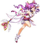  ;d aisha_(elsword) bare_legs dimension_witch_(elsword) elsword full_body gloves highres holding holding_staff long_hair looking_at_viewer official_art one_eye_closed open_mouth purple_eyes purple_hair purple_skirt ress running shoes skirt smile solo staff standing standing_on_one_leg transparent_background twintails white_footwear white_gloves 