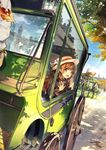  :d against_glass autumn_leaves bangs brown_eyes brown_hair carriage cover cover_page day earrings eyebrows_visible_through_hair falling_leaves hat highres historical housekihaki_no_onnanoko jewelry kei_(k_tmr) leaf looking_out_window novel_cover official_art open_mouth outdoors road road_sign sign smile solo_focus through_window town window 